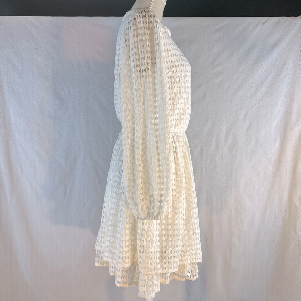 Mustard Seed Dress White Lace Tiered Hemline Shear Long Sleeves High Neck M👍 - Picture 7 of 9